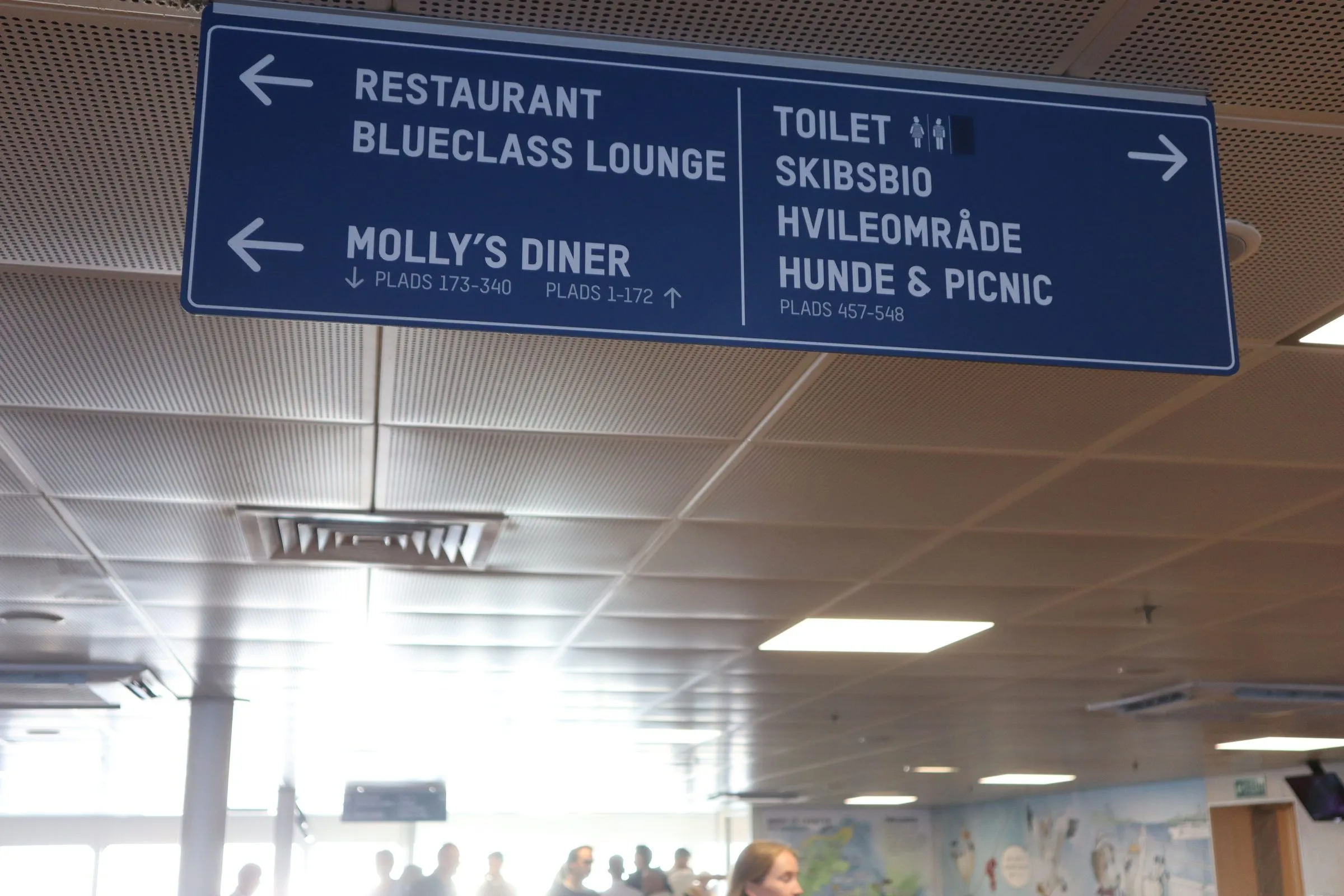 Et blåt skilt med restaurant, BlueClass lounge, toilet, skibsbio, hvileområde samt hunde og picnic